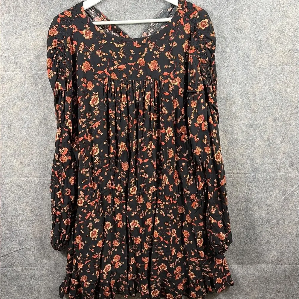 Free People‎ Womens Mini Dress Size M Black & Orange Floral Button Front